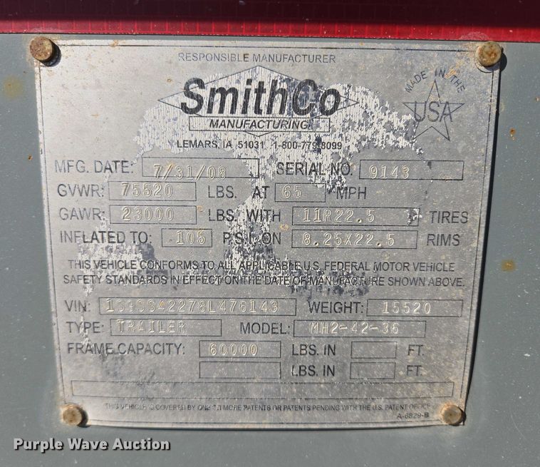 image for item EB1040 2008 SmithCo MH2-42-36 side dump trailer