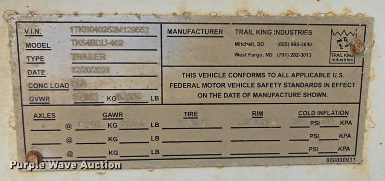 image for item EB1051 2002 Trail King TK54BDU-402 bottom dump trailer