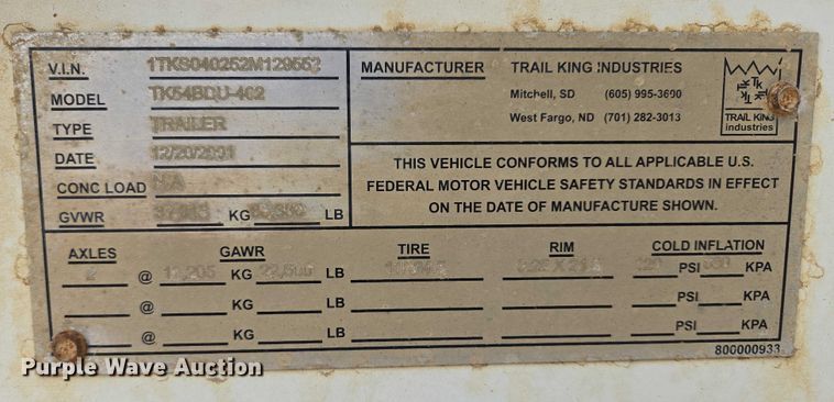 image for item EB1051 2002 Trail King TK54BDU-402 bottom dump trailer