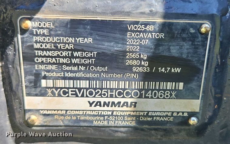 image for item EB8327 2022 Yanmar VIO25-6B mini excavator