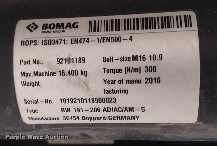 image for item EC1194 2016 Bomag BW206 AD-5 double drum vibratory roller