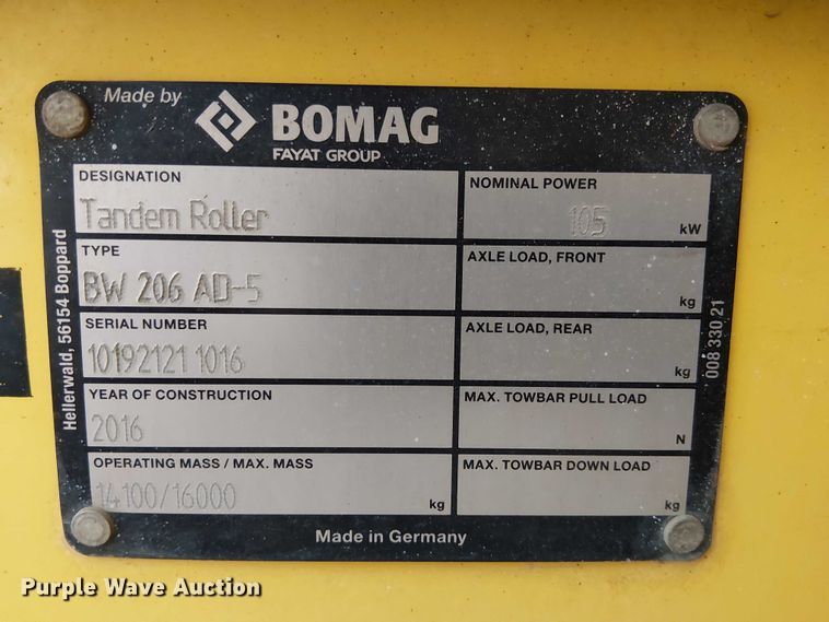 image for item EC1194 2016 Bomag BW206 AD-5 double drum vibratory roller