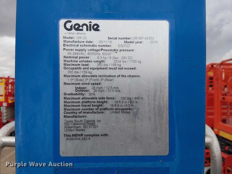 image for item EC1195 2016 Genie GR-20 vertical lift