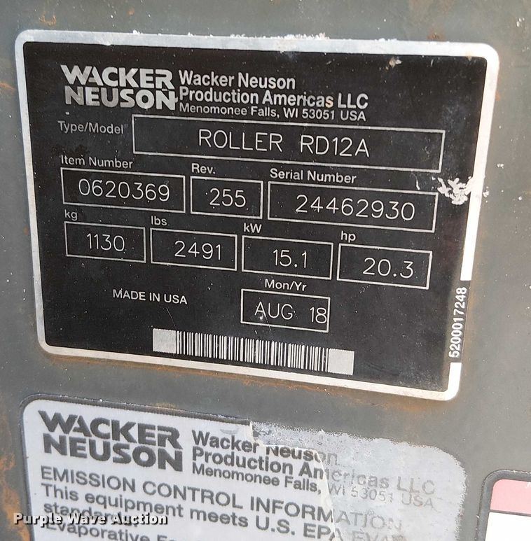 image for item EC3827 2018 Wacker Neuson RD12A double drum vibratory roller