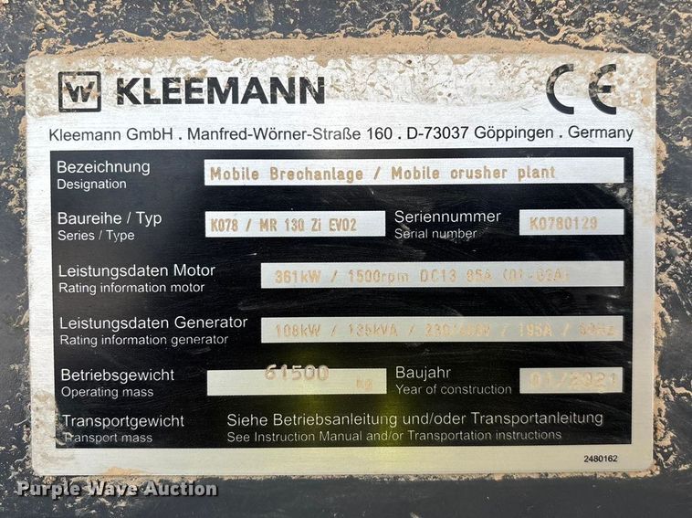 image for item ED2246 2021 Kleemann MOBIREX MR 130 Zi EVO2 losed circuit mobile impact crusher