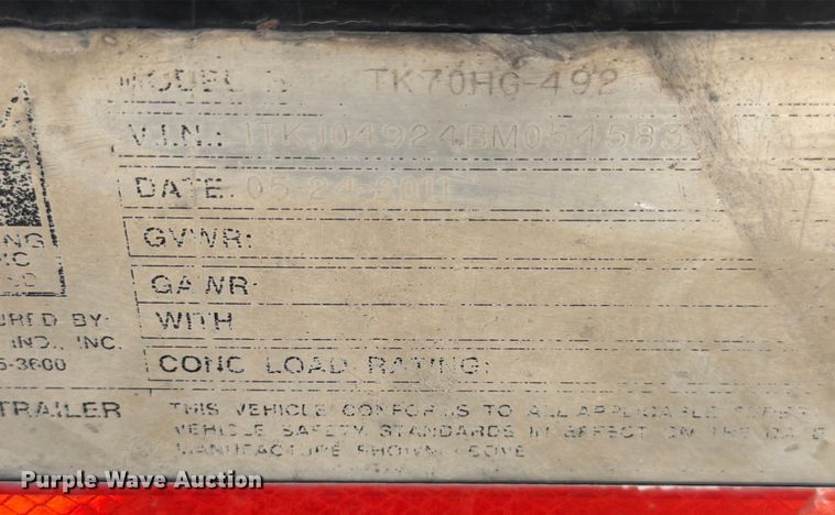 image for item ED5923 2011 Trail King TK70HG-492 lowboy equipment trailer