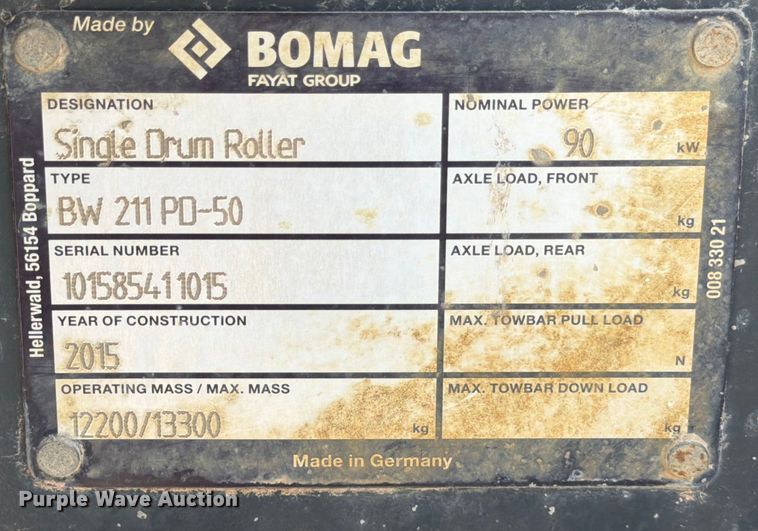 image for item ED5945 2015 Bomag BW 211 PD-50 single drum vibratory roller