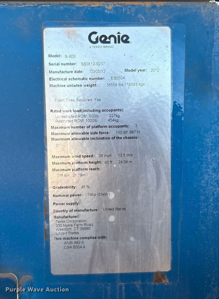 image for item EF6062 2012 Genie S-80X boom lift