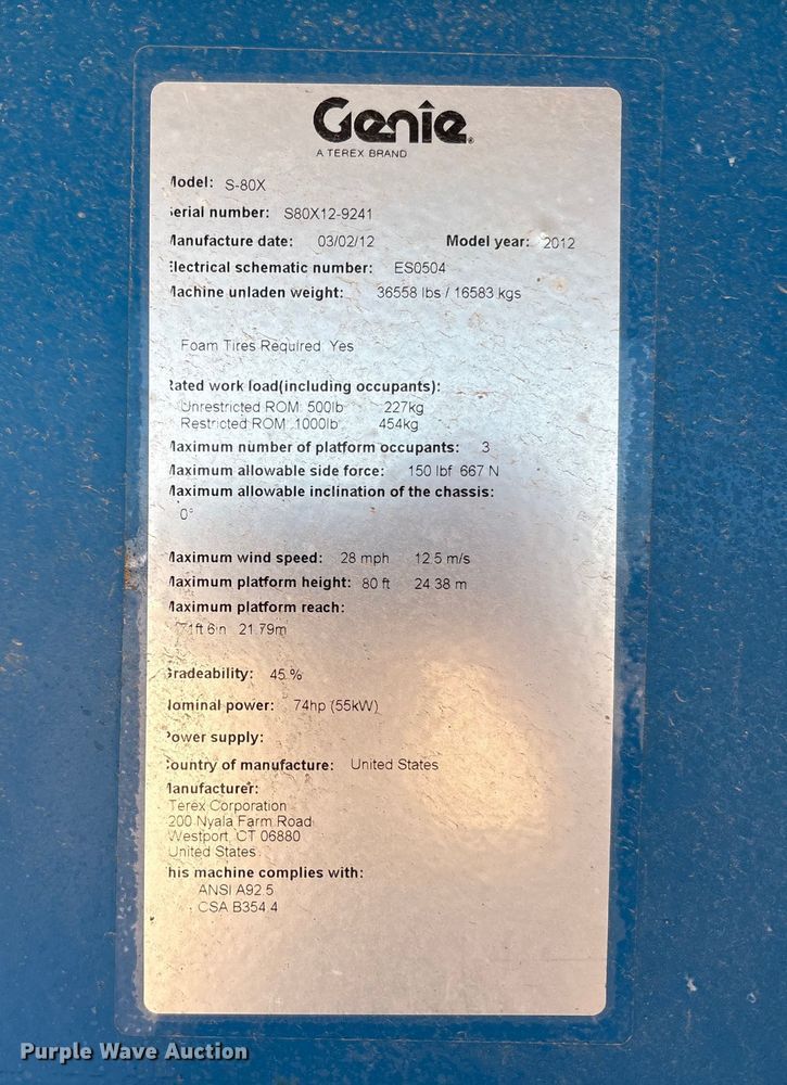 image for item EF6063 2012 Genie S-80X boom lift