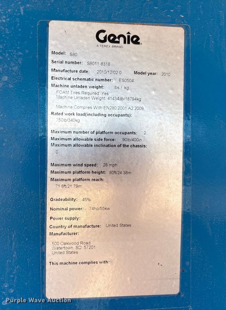 image for item EF6064 2010 Genie S80 boom lift