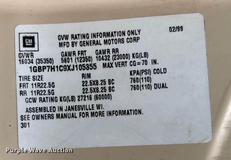 image for item EM8192 1999 Chevrolet C7500 dump truck