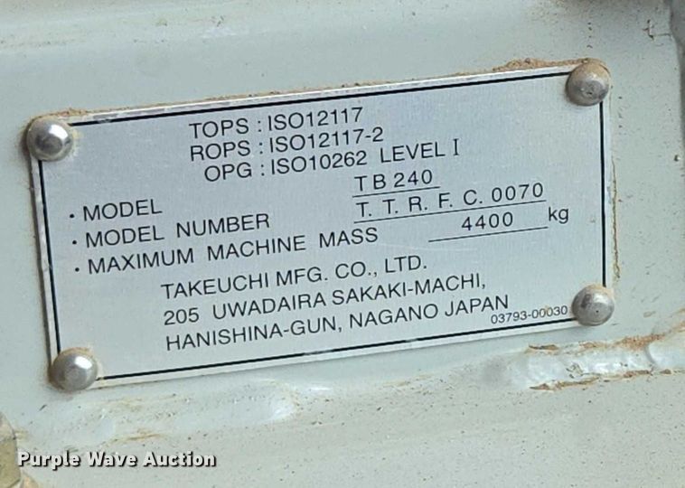 image for item EN3753 2015 Takeuchi TB240 mini excavator