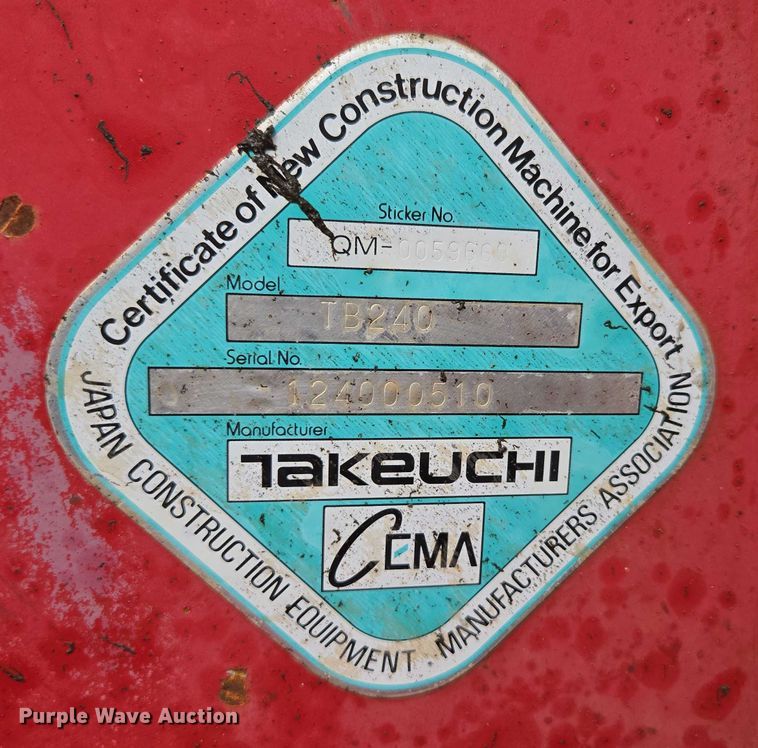 image for item EN3753 2015 Takeuchi TB240 mini excavator