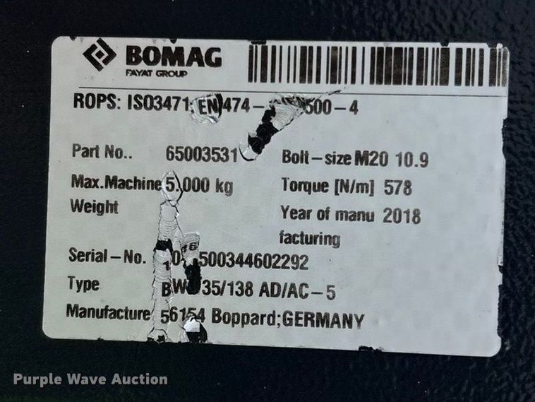 image for item EN5612 2018 Bomag BW138AD-5 double drum vibratory roller