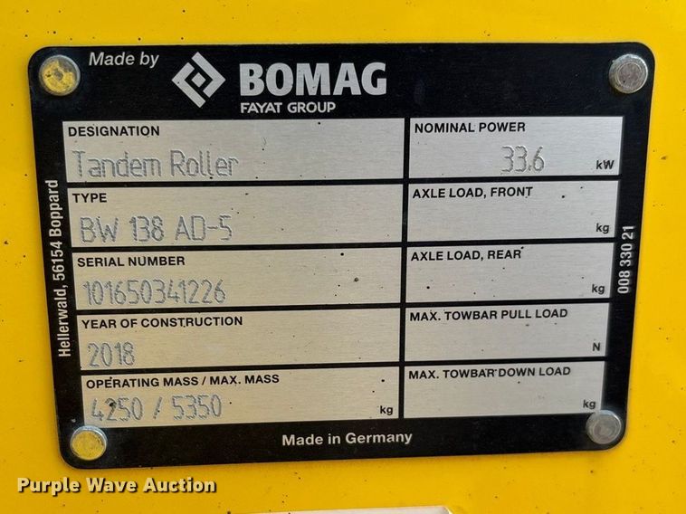 image for item EN5612 2018 Bomag BW138AD-5 double drum vibratory roller