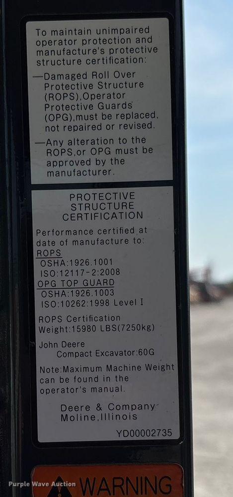 image for item EN7002 2014 John Deere 60G mini excavator