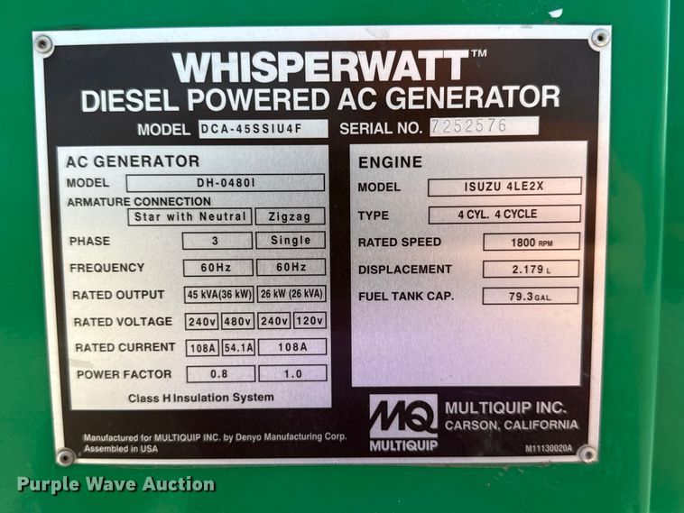image for item EN7014 2018 Whisperwatt DCA-45SSIU4F generator