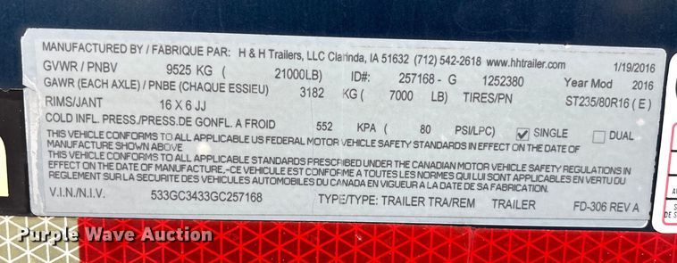 image for item ET4670 2016 H and H enclosed cargo trailer