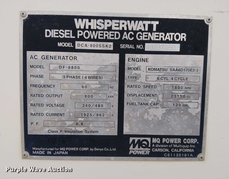 image for item EU2528 2009 Whisperwatt DCA-800SSK2 generator