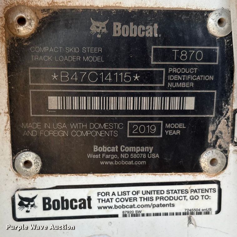 image for item EU4636 2019 Bobcat T870 tracked skid steer loader