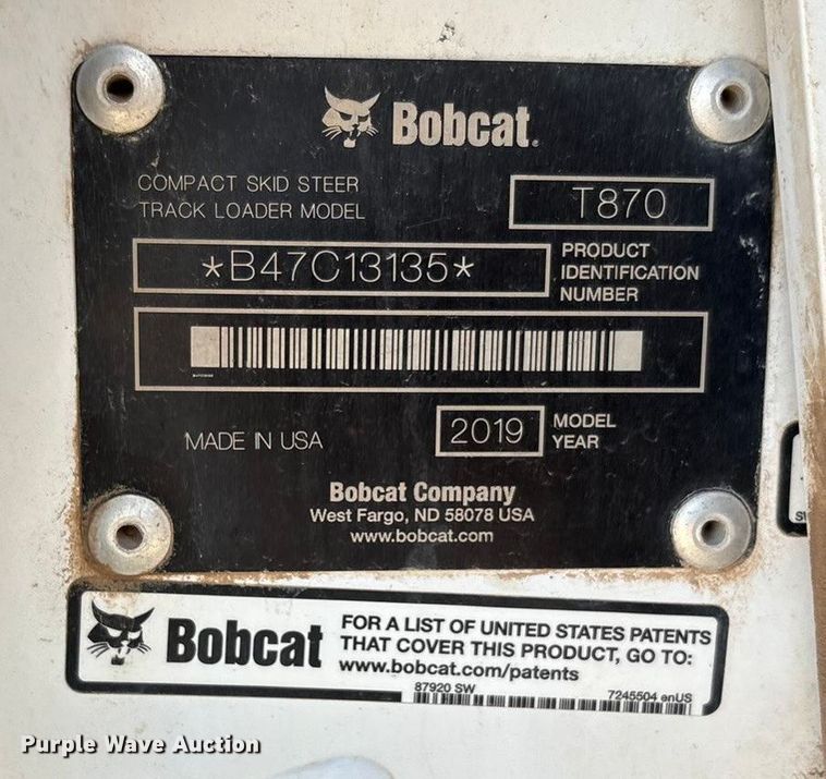 image for item EU4637 2019 Bobcat T870 tracked skid steer loader