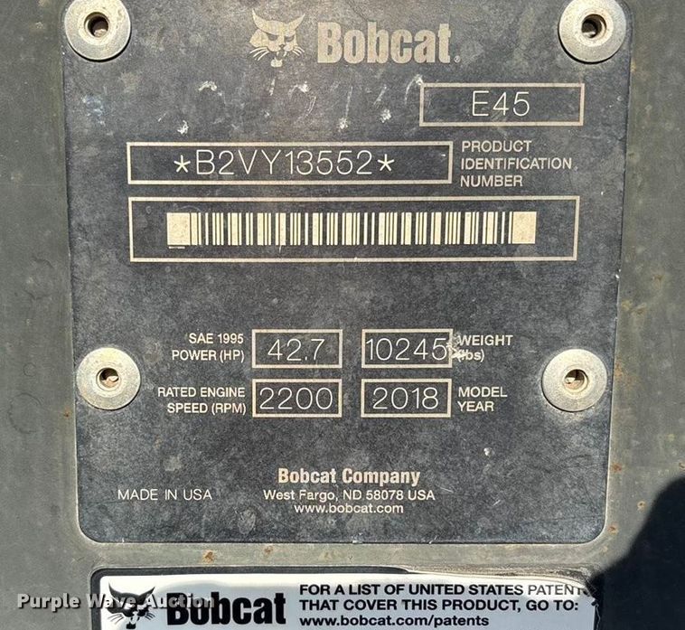 image for item EU4638 2018 Bobcat E45 mini excavator