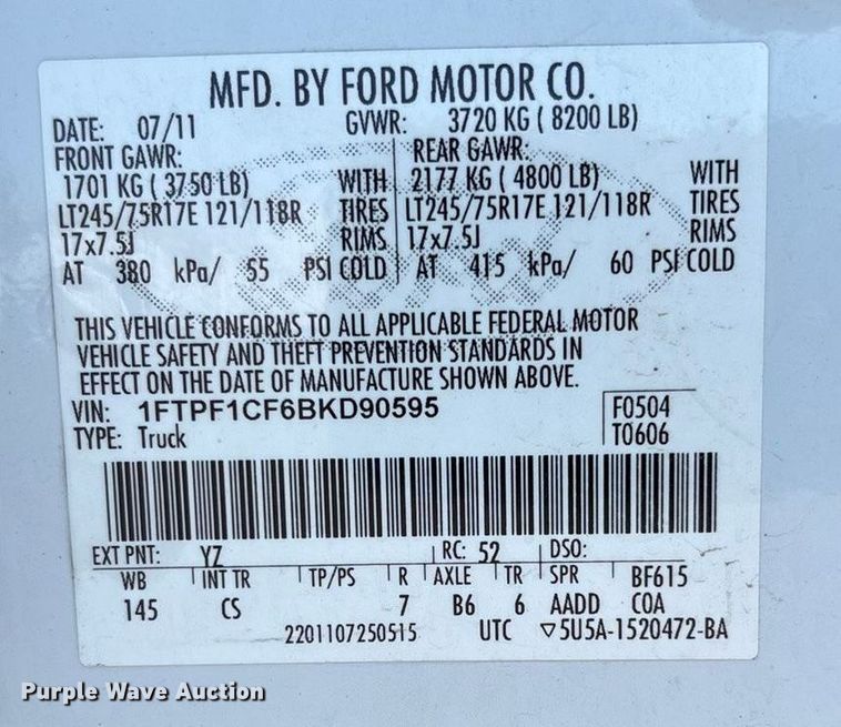 image for item EU4651 2011 Ford F150 utility bed pickup truck