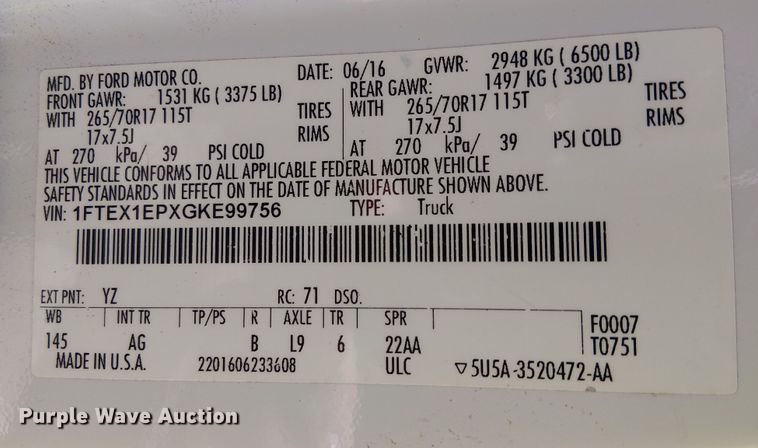 image for item YA0963 2016 Ford F150 SuperCab pickup truck