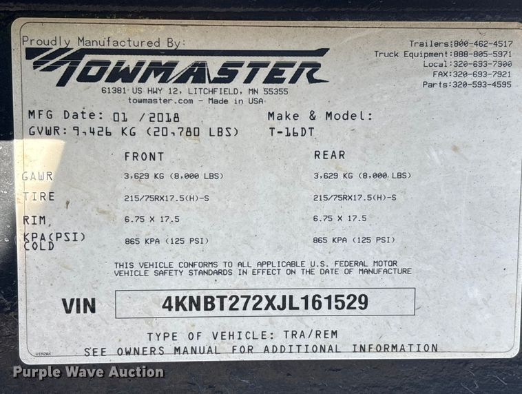 image for item YA0975 2018 Towmaster T-16DT tilt deck equipment trailer