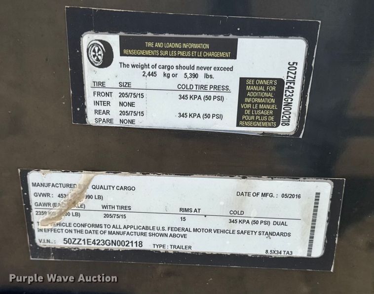 image for item EV4090 2016 Quality cargo 8.5x34TA3 enclosed cargo trailer