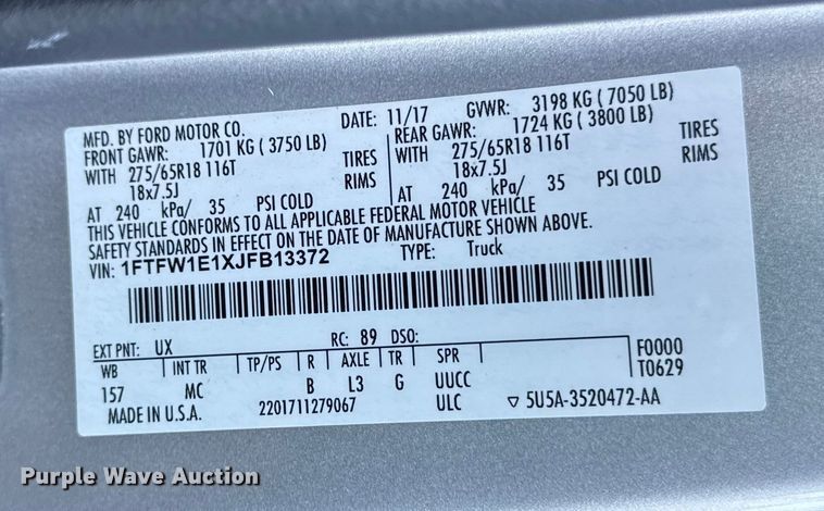 image for item EV5089 2018 Ford F150 SuperCrew pickup truck