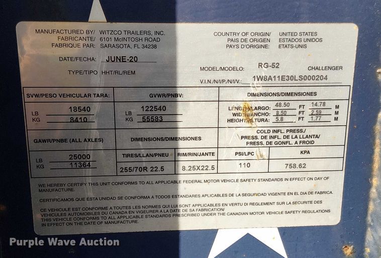 image for item EV5120 2020 Witzco lowboy equipment trailer