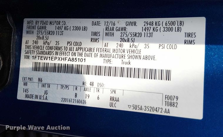 image for item EV5225 2017 Ford F150 SuperCrew pickup truck