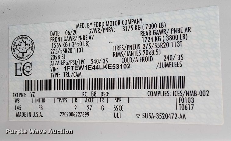 image for item EV5244 2020 Ford F150 SuperCrew pickup truck