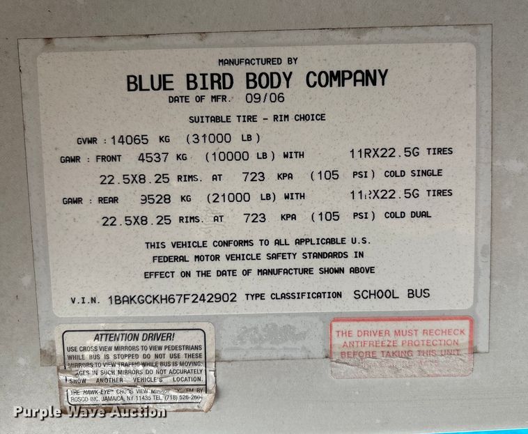 image for item DO1274 2007 Blue Bird Vision school bus