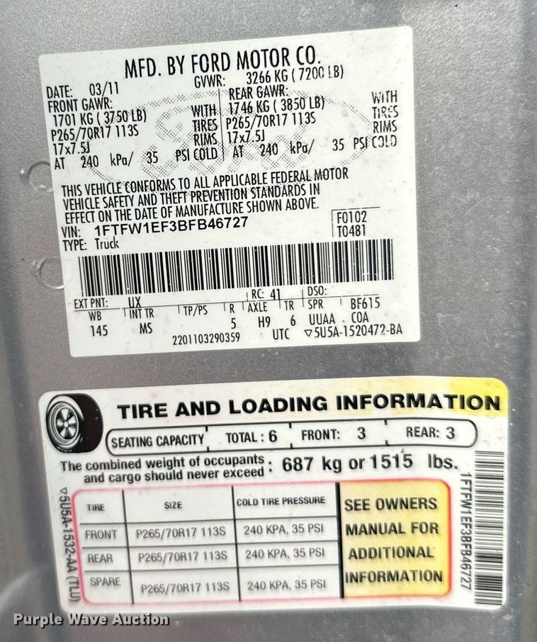 image for item DT6406 2011 Ford F150 SuperCrew pickup truck