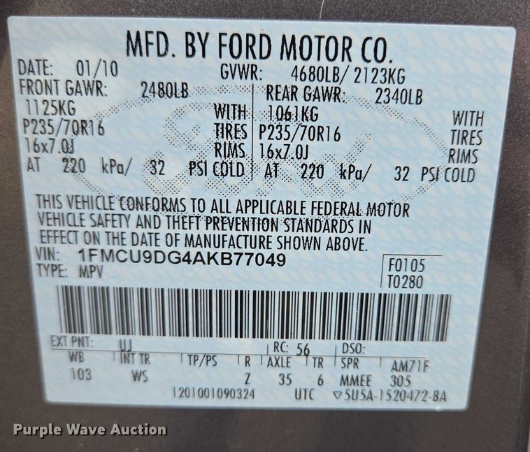 image for item DY1210 2010 Ford Escape SUV