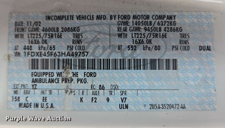 image for item DY1217 2003 Ford E450 ambulance