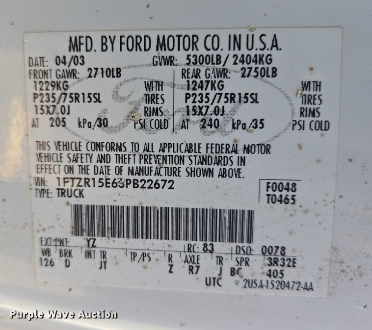 image for item DY1297 2003 Ford Ranger SuperCab pickup truck