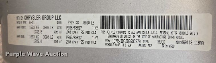 image for item DY1324 2011 Dodge Dakota Ext. Cab pickup truck