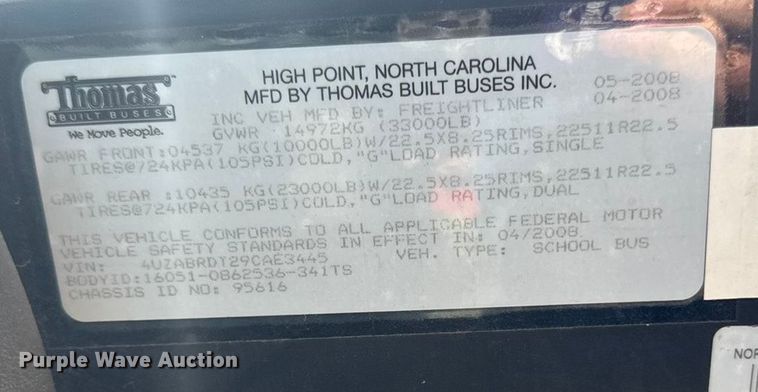 image for item EA1895 2009 Thomas B2 Bus Chassis school bus