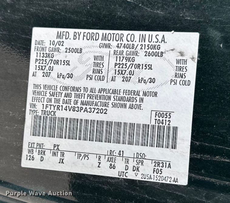 image for item EA1923 2003 Ford Ranger SuperCab pickup truck