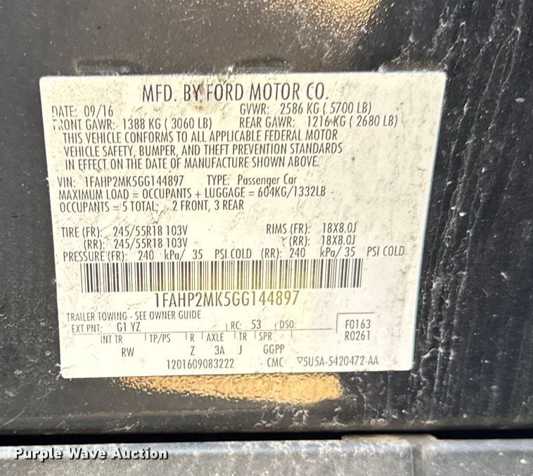 image for item EF2171 2016 Ford Taurus Police Interceptor 