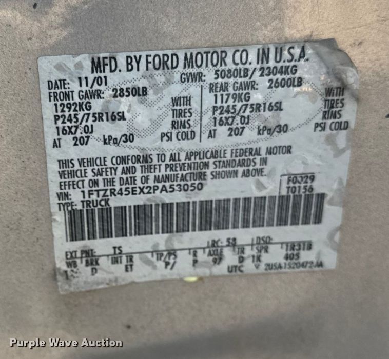 image for item EF2176 2002 Ford Ranger SuperCab pickup truck