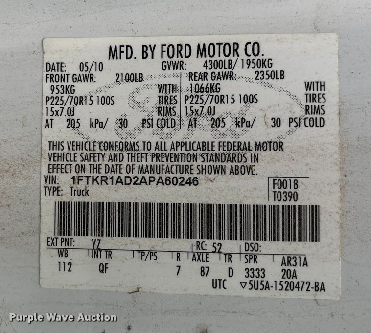 image for item EG8627 2010 Ford Ranger pickup truck