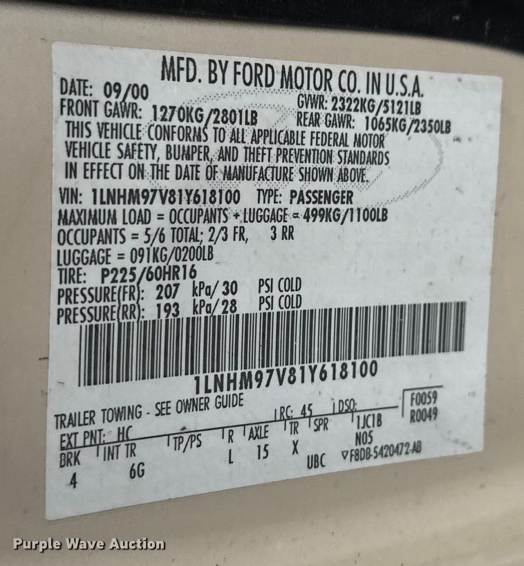 image for item EM8220 2001 Lincoln Continental 