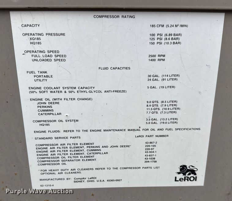 image for item EM8227 1998 CompAir LeRoi Q185DUE air compressor