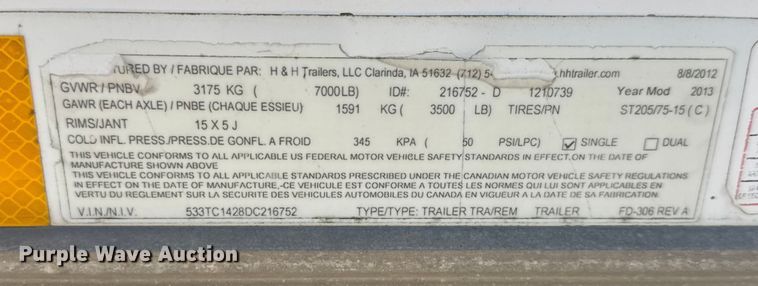 image for item EM8312 2013 H & H FD-306 REV A enclosed cargo trailer