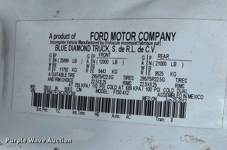 image for item EN5629 2012 Ford F750 Super Duty XL forestry bucket truck
