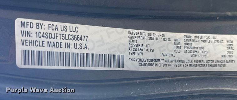 image for item ER2495 2020 Dodge Durango SSV SUV